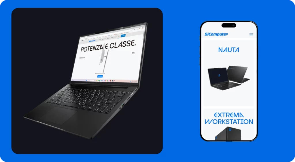 Laptop SiComputer aperto con sito aziendale su schermo e visualizzazione della versione mobile del sito su smartphone.