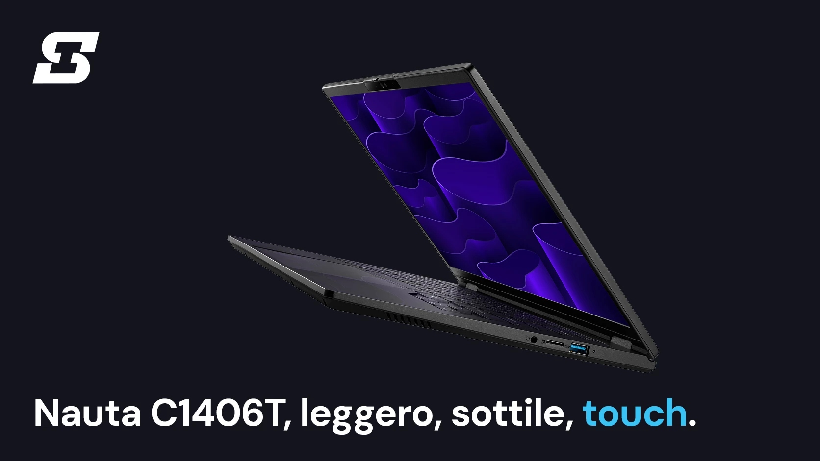 Notebook professionale SiComputer Nauta C1406T da 14 pollici con display touch, aperto su fondo scuro